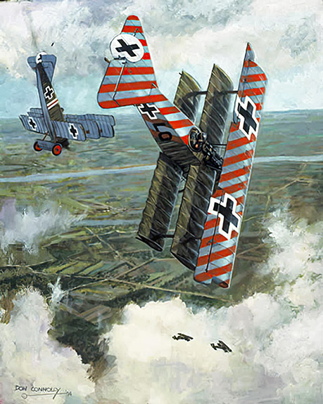Bad Day for 'Arry Tate - Fokker Dr.I Triplanes attacking R.E.8 reconnaissance aircraft - by Don Connolly