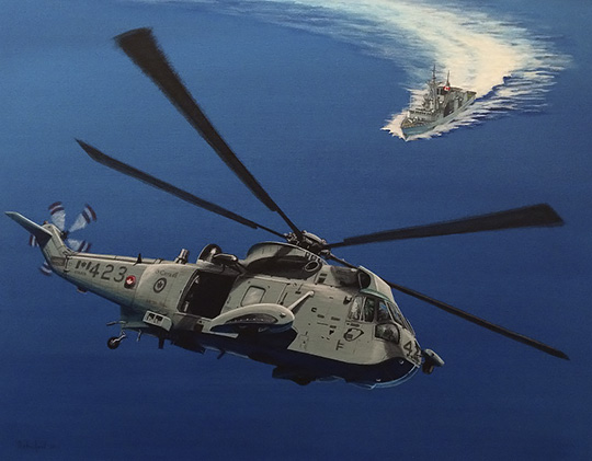 Sea King and CPF - Sikorsky CH-124 Sea King over a Canadian Patrol Frigate - by Peter Robichaud
